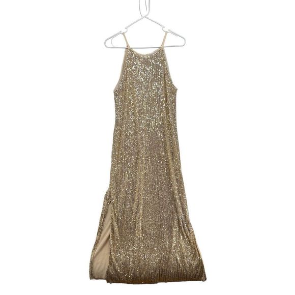 LaLaron Gold Cocktail Dress Small Sequin Evening Gala Slit‎ - Picture 1 of 12